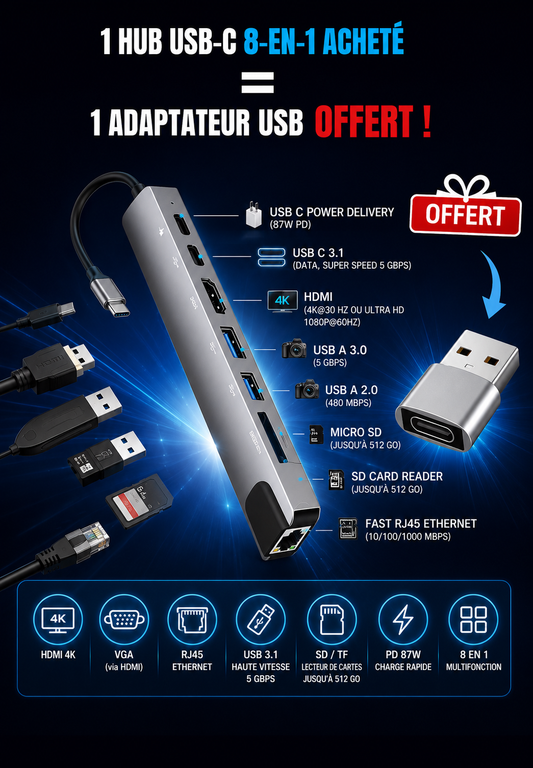 Hub USB-C 8 en 1 – HDMI 4K, Ethernet, PD 100W + Adaptateur offert