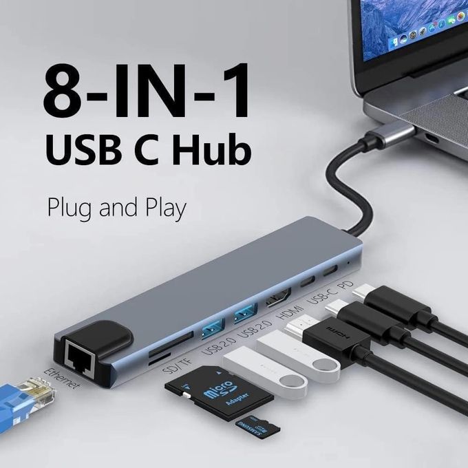 Hub USB-C 8 en 1 – HDMI 4K, Ethernet, PD 100W + Adaptateur offert