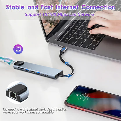 HUB USB C, Adaptateur USB C 8 en 1 avec HDMI 4K, PD 100 W, Port USB C, USB 3.0, Ethernet RJ45, Lecteur de Carte SD/TF, Station d'accueil Compatible avec MacBook Pro/Air et Autres Appareils de Type C