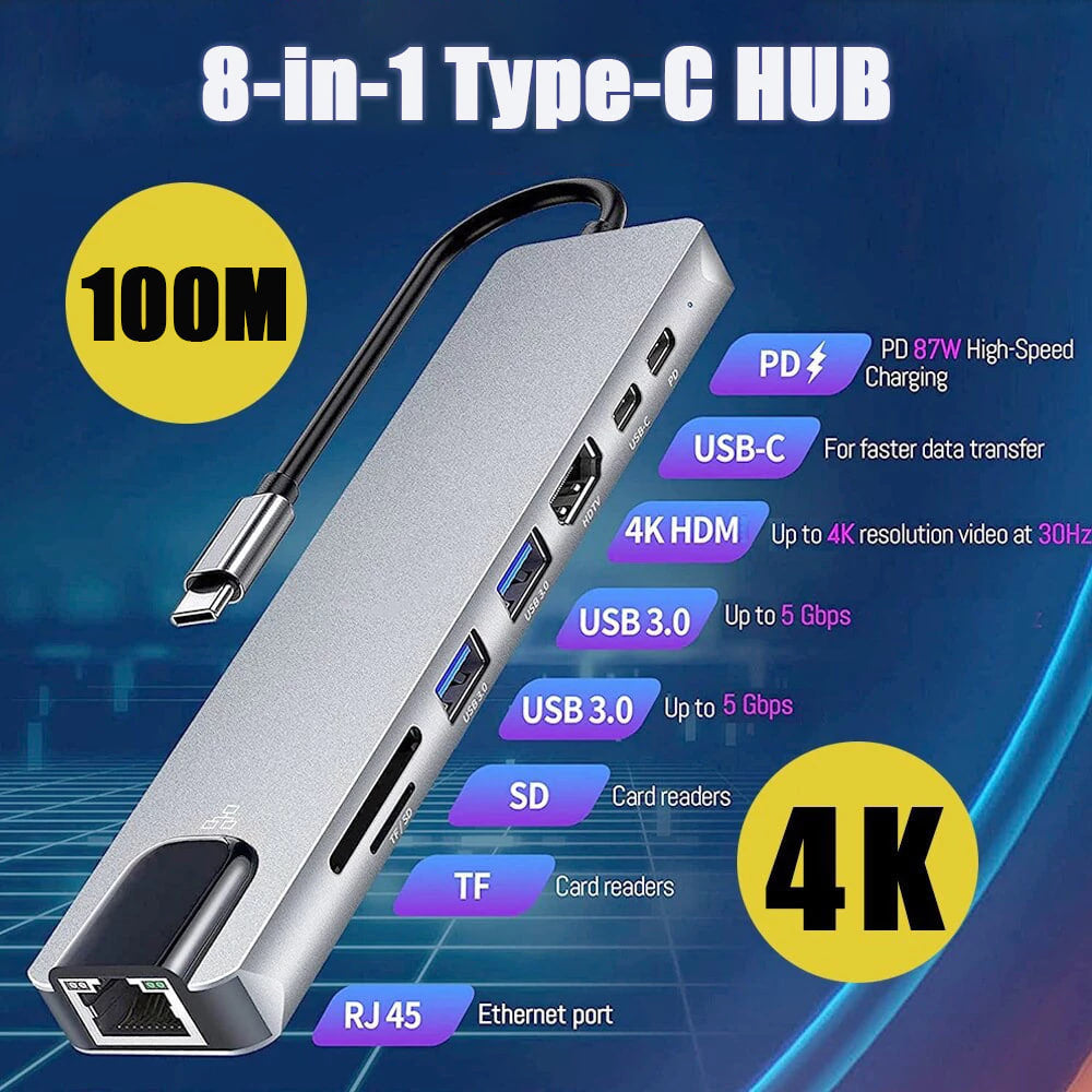 Hub USB-C 8 en 1 – HDMI 4K, Ethernet, PD 100W + Adaptateur offert