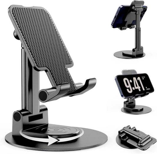 Support Téléphone Bureau Pliable Rotatif 360° en Aluminium – Universel pour Smartphone & Tablette