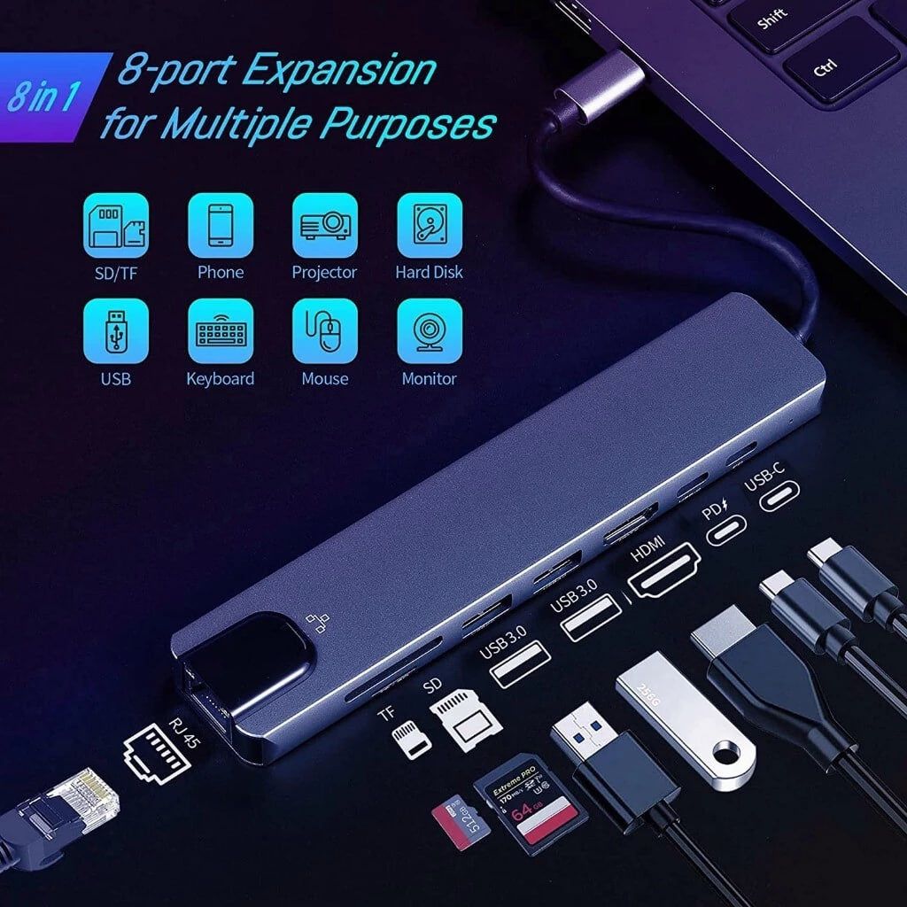 Hub USB-C 8 en 1 – HDMI 4K, Ethernet, PD 100W + Adaptateur offert