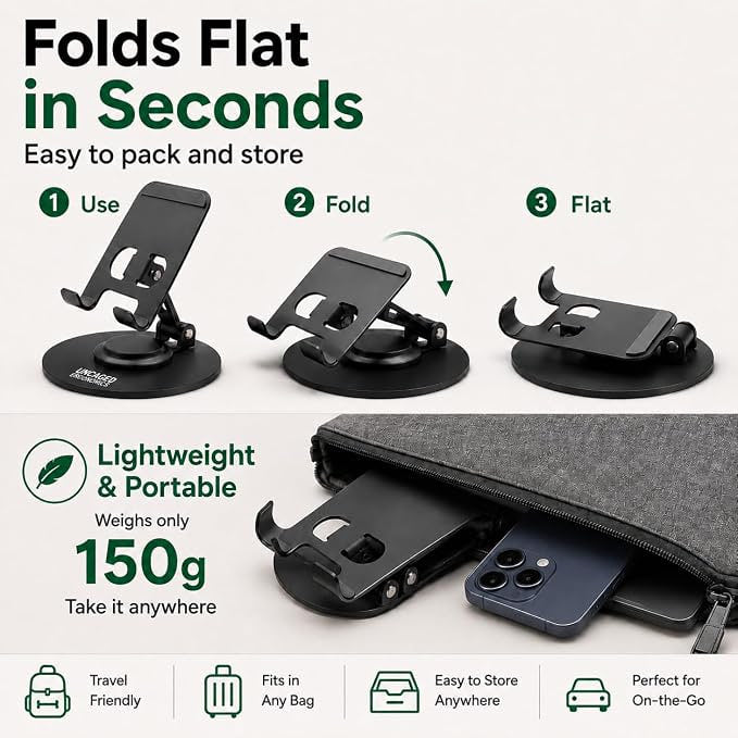 Support Téléphone Bureau Pliable Rotatif 360° en Aluminium – Universel pour Smartphone & Tablette