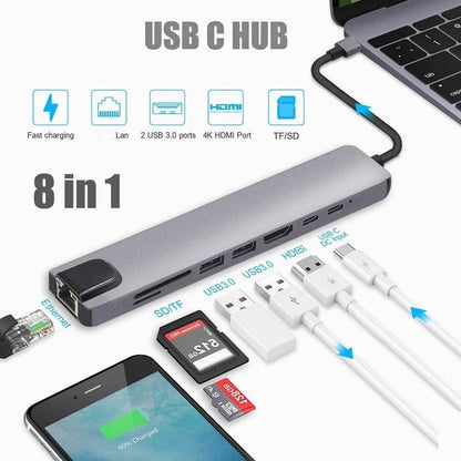 Hub USB-C 8 en 1 – HDMI 4K, Ethernet, PD 100W + Adaptateur offert