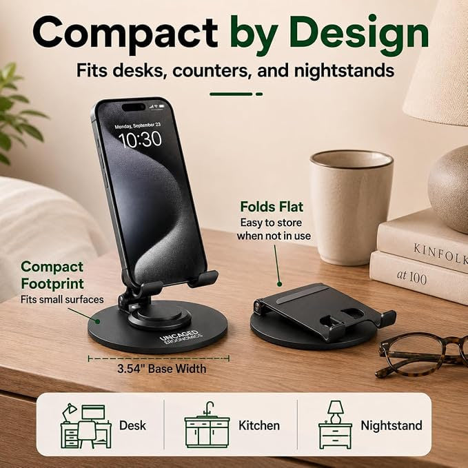Support Téléphone Bureau Pliable Rotatif 360° en Aluminium – Universel pour Smartphone & Tablette