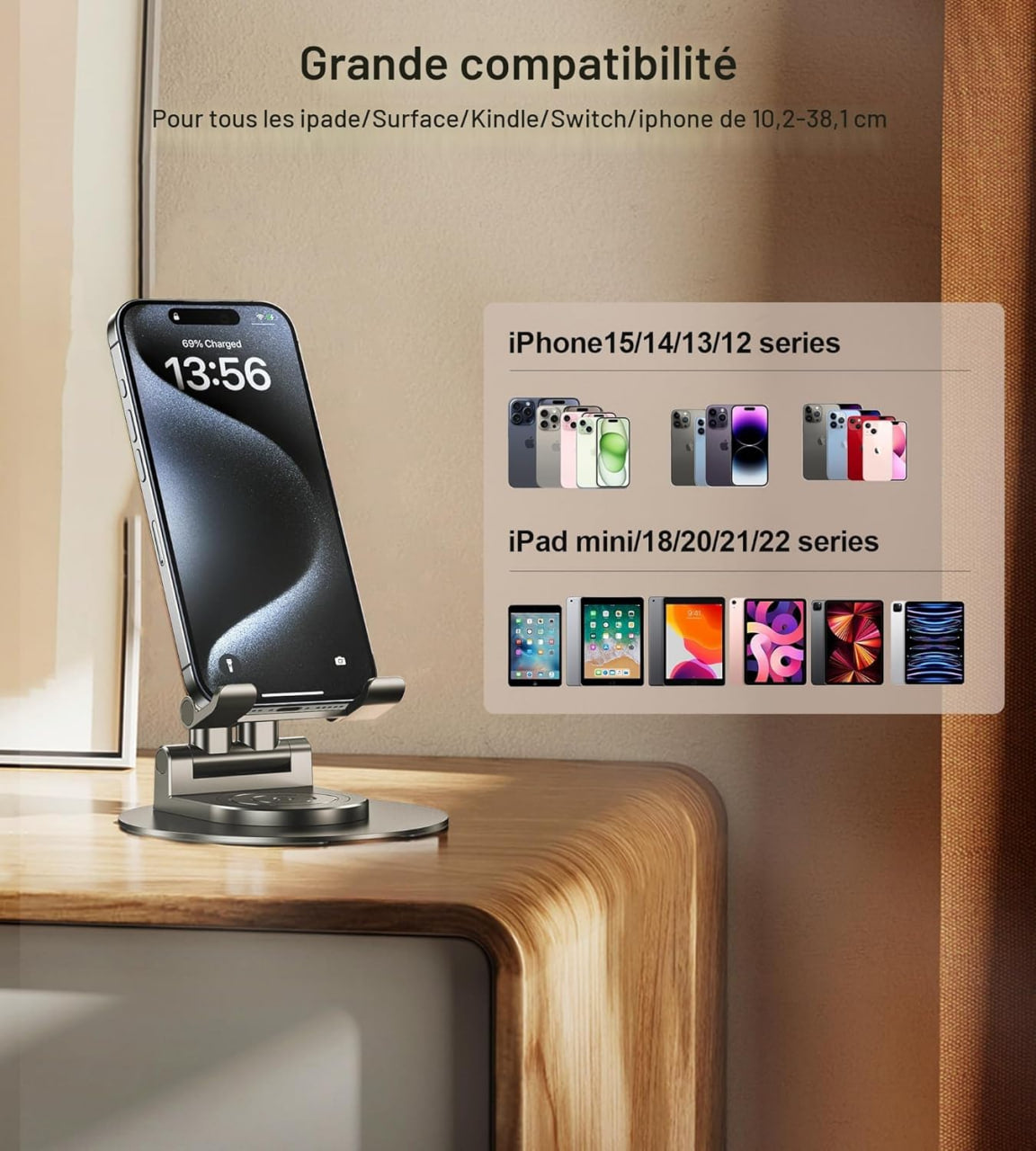 Support Téléphone Bureau Pliable Rotatif 360° en Aluminium – Universel pour Smartphone & Tablette