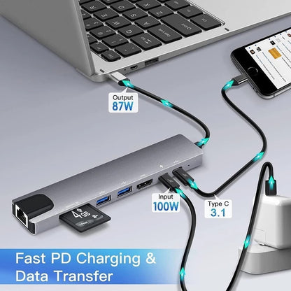 Hub USB-C 8 en 1 – HDMI 4K, Ethernet, PD 100W + Adaptateur offert